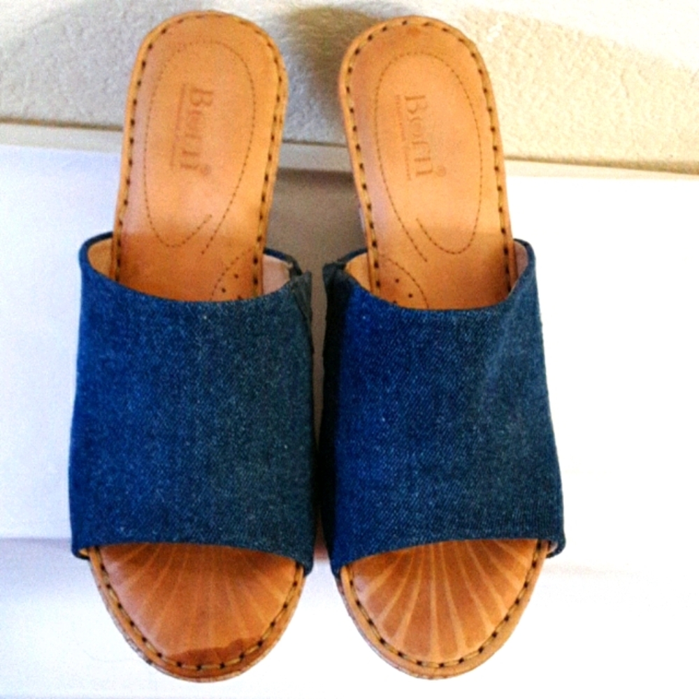 Born Wedge, Open Toe, Slide On, Denim Fabric